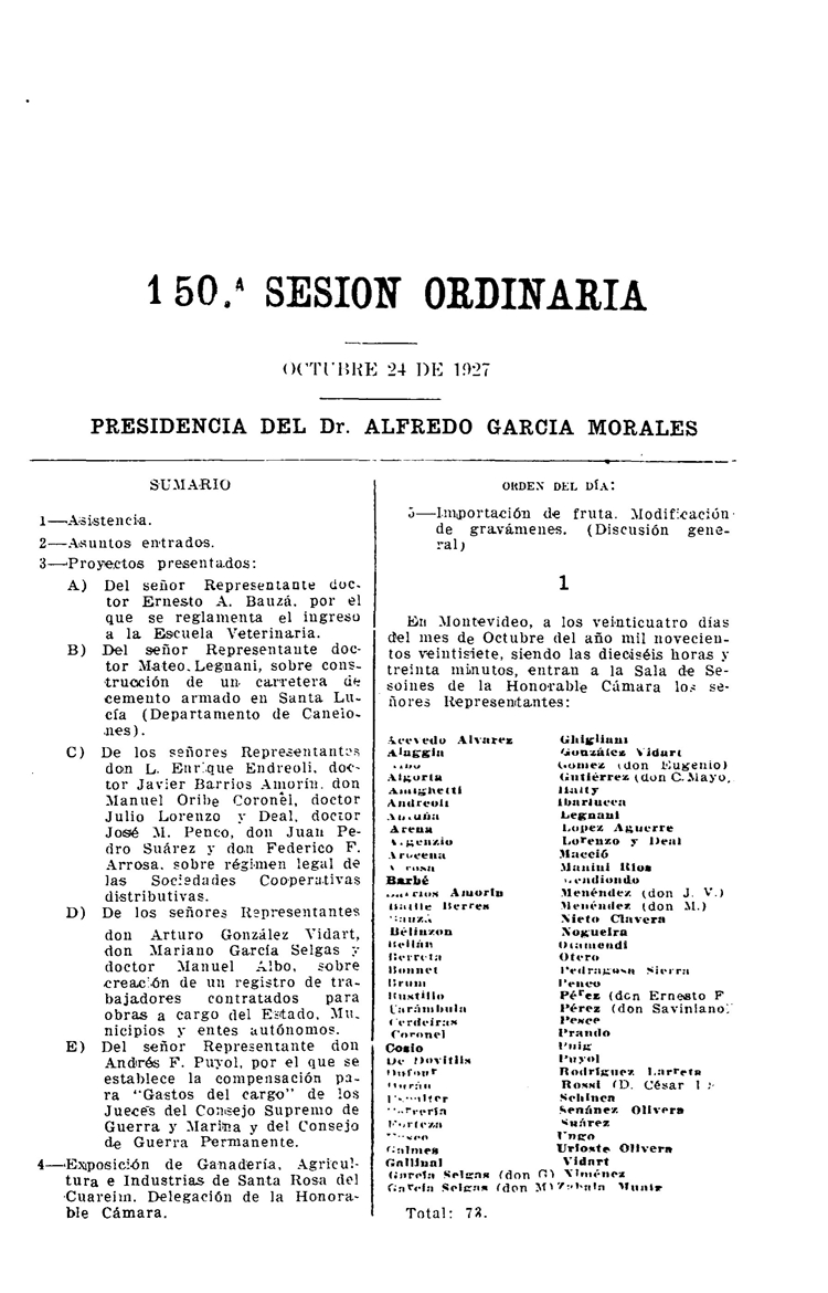 DIARIO DE SESIONES DE LA CAMARA DE REPRESENTANTES del 24/10/1927